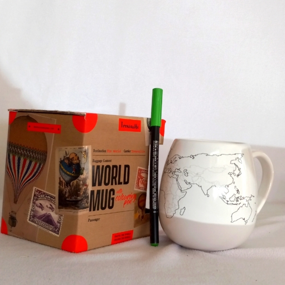 Trouvaille World Mug Coffee Mug and Pen.